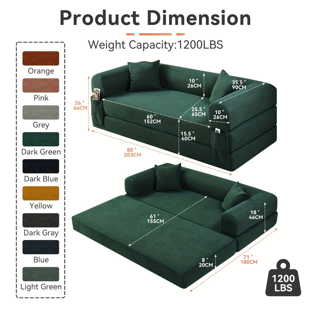 80" Convertible Sofa Bed, 3-in-1 Corduroy Folding Pull Out Couch with Pillows, No Assembly Modern Boneless Couch Compression Sofa In Box, Floor Sofa with Side Storage Pocket for Living Room