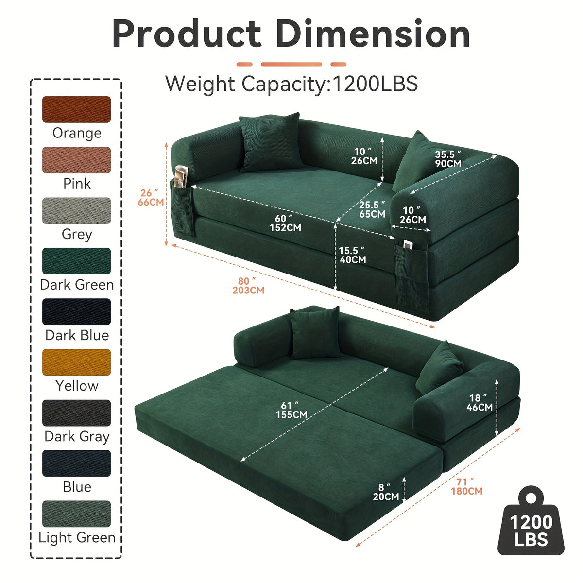 80" Convertible Sofa Bed, 3-in-1 Corduroy Folding Pull Out Couch with Pillows, No Assembly Modern Boneless Couch Compression Sofa In Box, Floor Sofa with Side Storage Pocket for Living Room