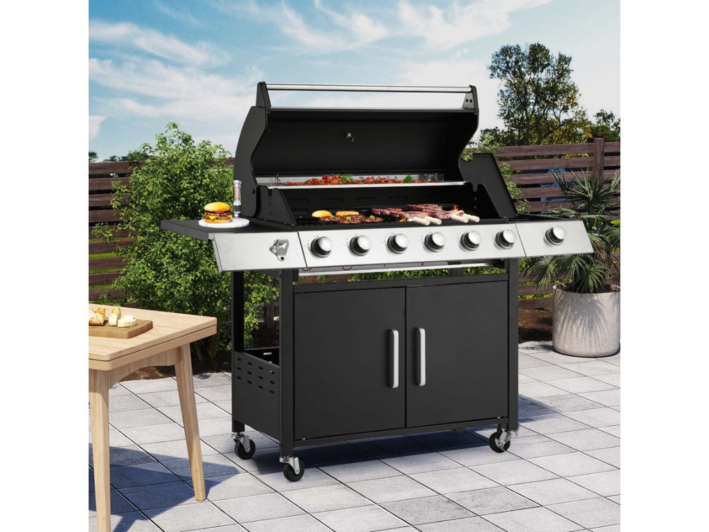 Grill with Side Burner & Cast Iron Grates, Lockable  Wheels, Barbecue Grill with 395 Square Inches Large Cooking Area, Camping Grill for Barbeque and Outdoor Cooking, Black
