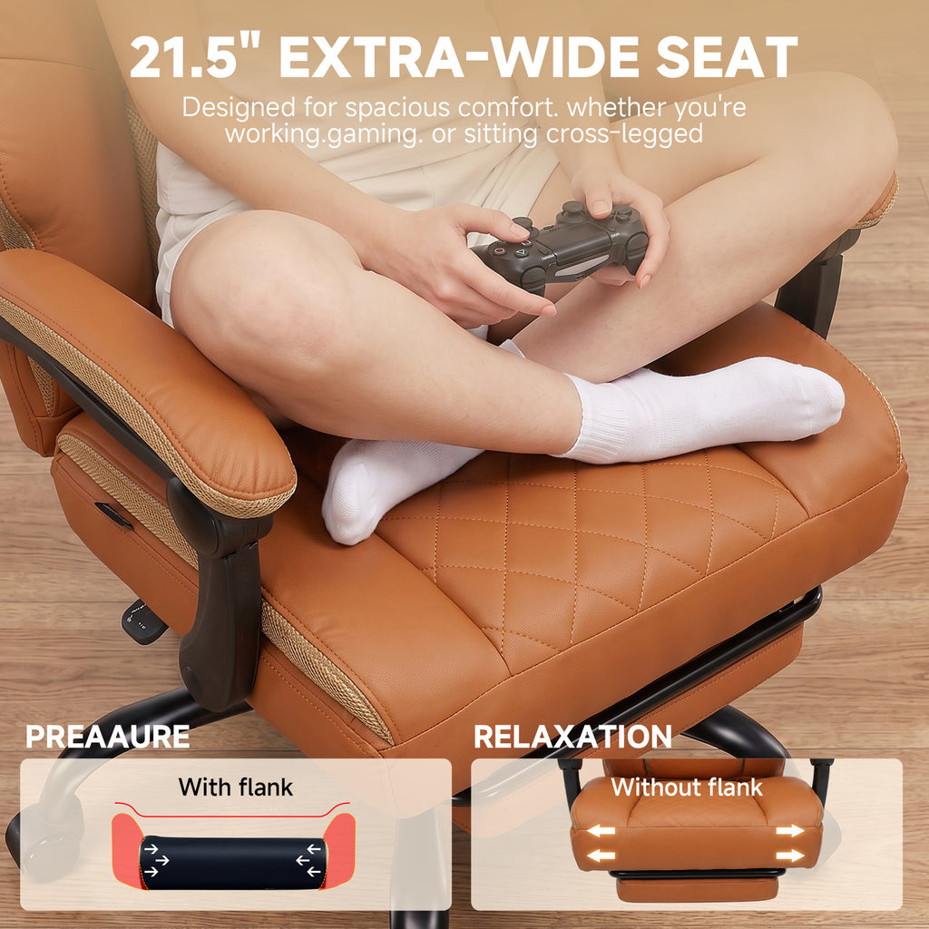 Ergonomic High Back Office Chair with Linkage Widened Armrest, Big&Tall Executive Office Chair, Gaming Chair, Thick Pocket Spring Wide Seated Cushion, Desk Chair with Retractable Footrest for Adults, Faux Leather/Corduroy/Fabric, OC-305