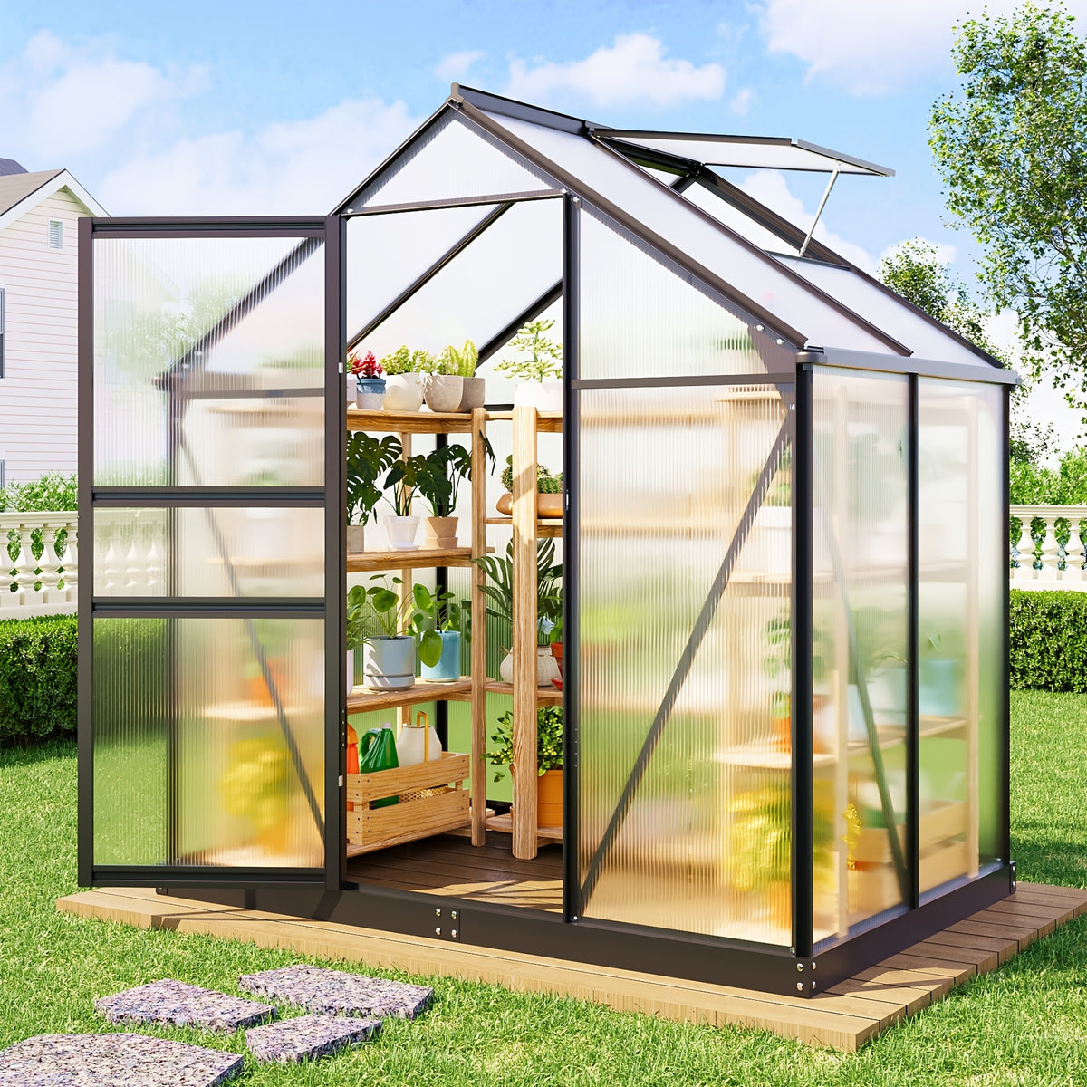 Walk-In Greenhouse with Roof Ventilation, 6 x 4 ft Polycarbonate Garden Structure on an Aluminum Frame