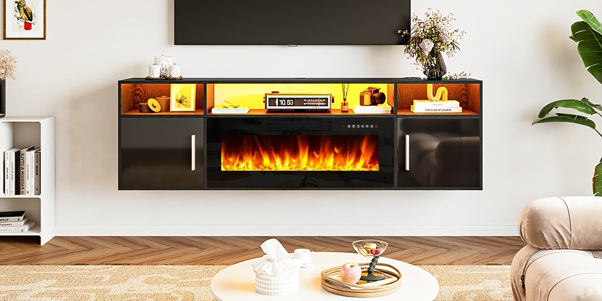 Floating Fireplace TV Stand 70'' Wall Mounted Shelf, LED Light Entertainment Center And Storage, Modern Wood Media TV Console with Highlight Cabinet for Living Room