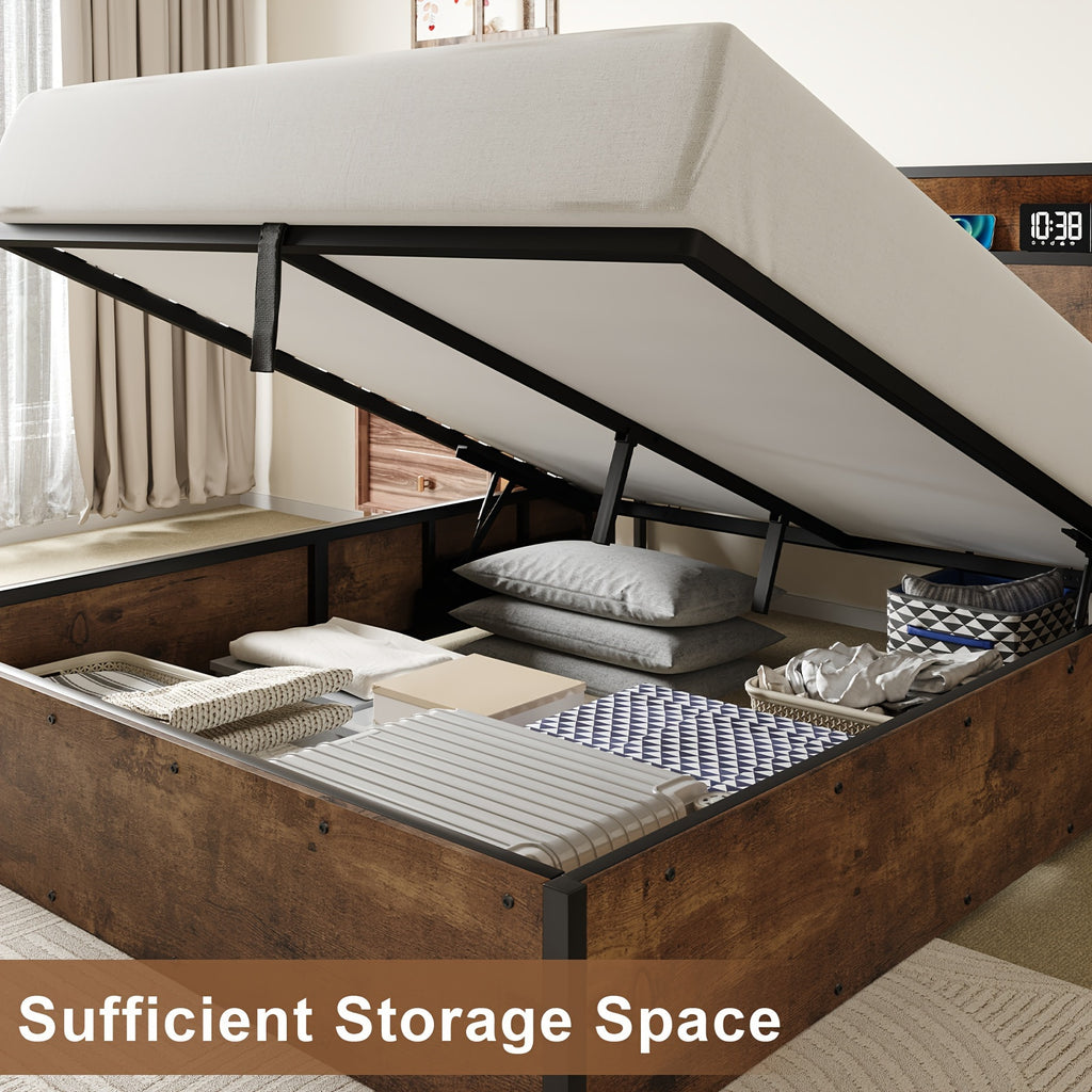 Lift Up Storage Bed Frame, Wooden Platform Bed Frame with Lifting Storage & Charging Station, No Spring Box Needed/Noise Free