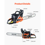 VEVOR 62cc Gas Chainsaw 3.8 HP Gas Powered 20 inch Chainsaw For Wood Cutting