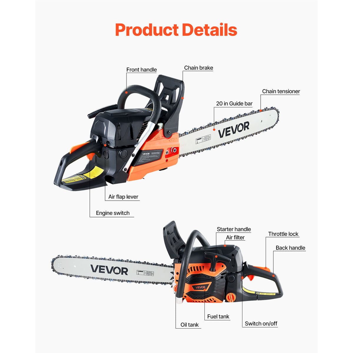 VEVOR 62cc Gas Chainsaw 3.8 HP Gas Powered 20 inch Chainsaw For Wood Cutting
