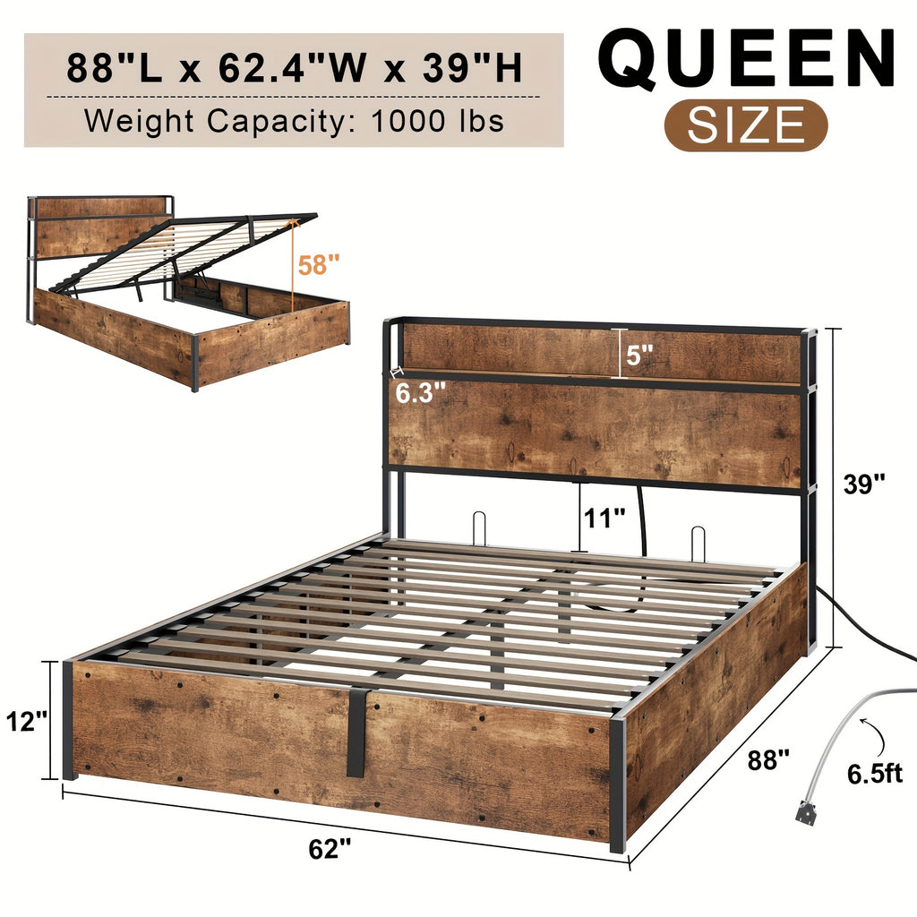 Lift Up Storage Bed Frame, Wooden Platform Bed Frame with Lifting Storage & Charging Station, No Spring Box Needed/Noise Free