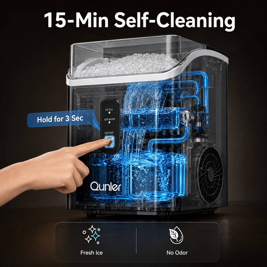 Countertop Nugget Ice Maker, Qunler 33 Lbs/Day Self-Cleaning Soft Chewable Pellet Ice Machine with Ice Scoop And Ice Basket for Iced Coffee, Soda, Tea, Cold Drinks, Kitchen, Office, RV, Camping, Black