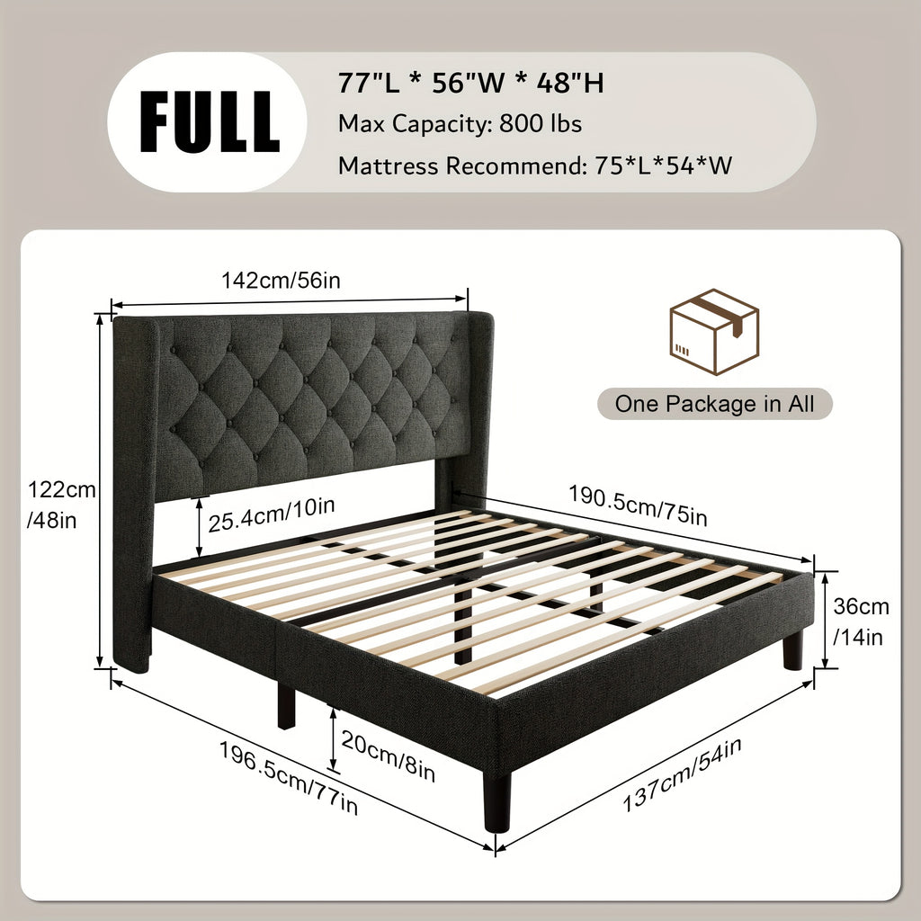 Valnase Modern Style Platform Bed Frame with 24"H Button Tufted Headboard, Solid Wood Slats Support, Artistic Legs Design - Dark Grey/Light Grey/Black Linen & White Velvet Options, Bed Frame for Home Bedroom