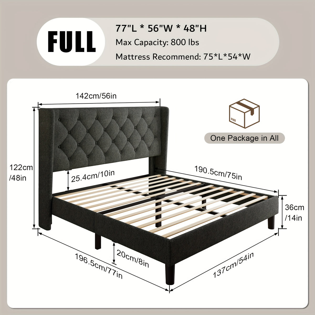 Valnase Modern Style Platform Bed Frame with 24"H Button Tufted Headboard, Solid Wood Slats Support, Artistic Legs Design - Dark Grey/Light Grey/Black Linen & White Velvet Options, Bed Frame for Home Bedroom