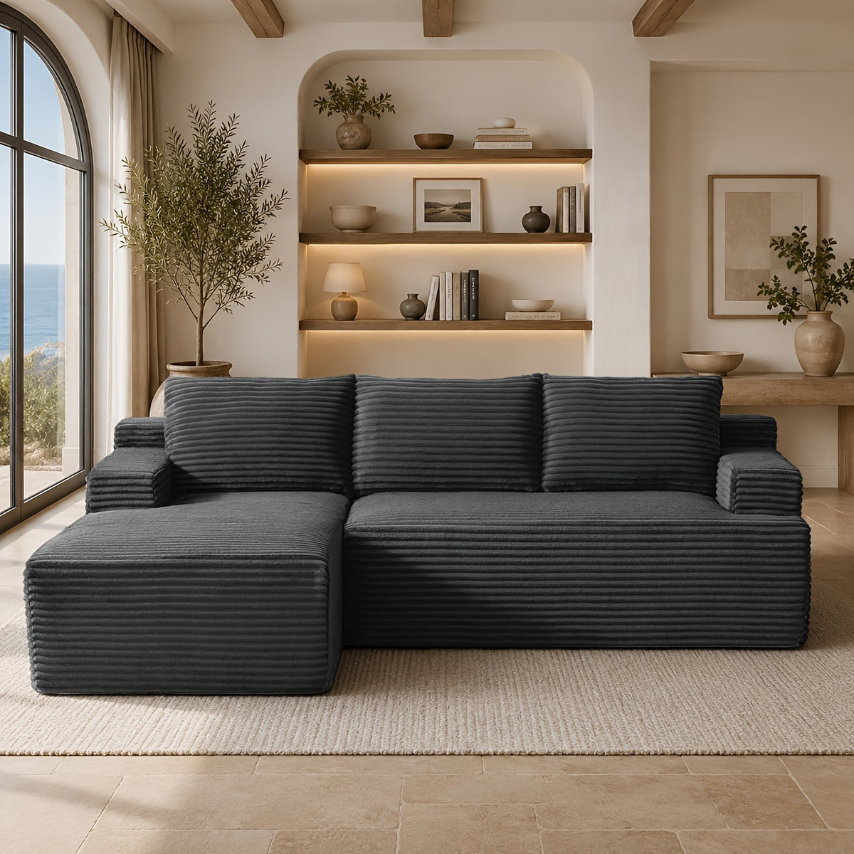 L-Shaped Cloud Sofa, 3-Seater Corduroy Sectional Couch with Oversized Chaise, Deep Seat Modular Sofa, No Assembly Required, Modern Couch for Living Room & Bedroom