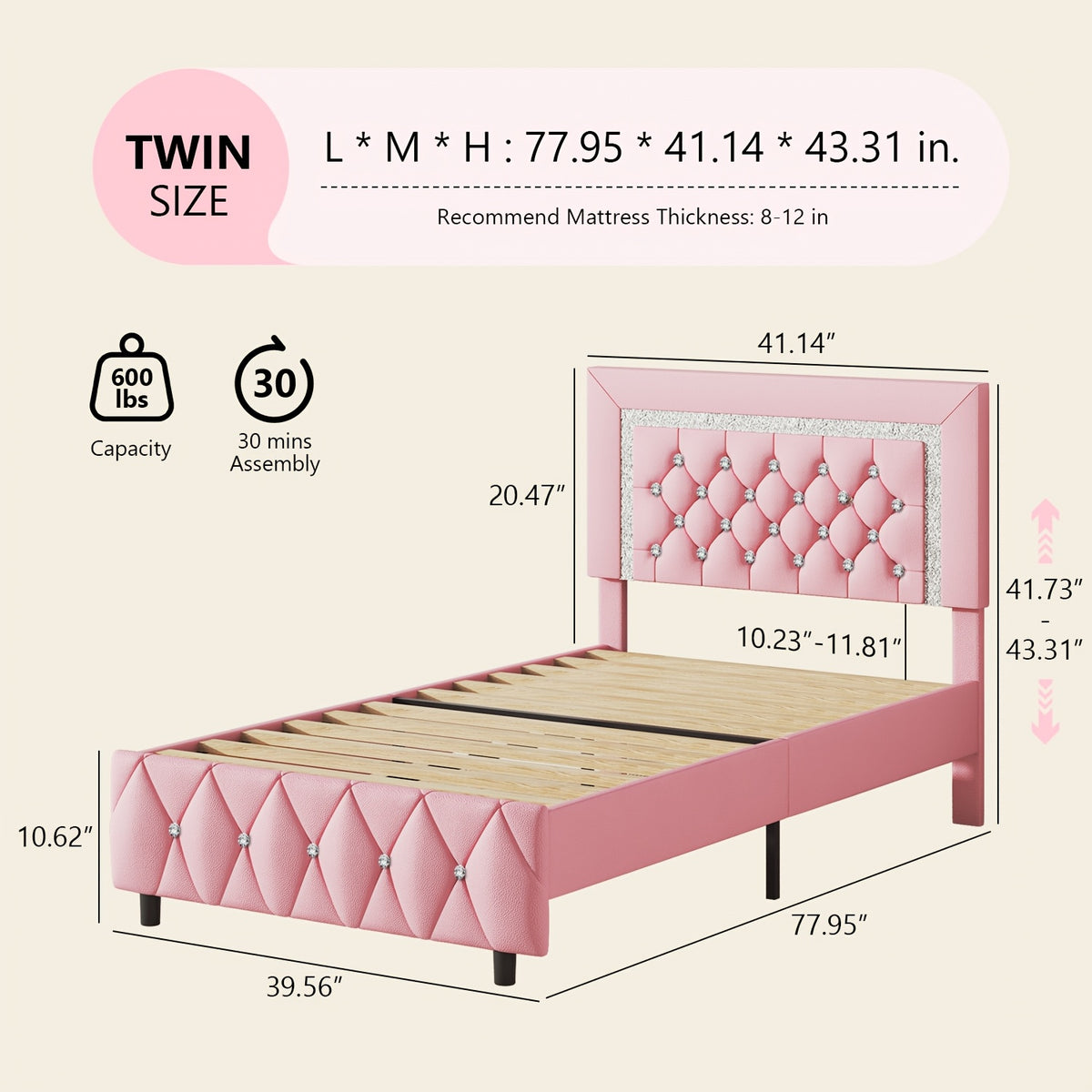 HOMBCK Twin Full Queen King Bed Frame, Padded Platform Bed with Button Tufting Headboard, Princess Platform Bed with Diamond Design, Halloween Decoration, Wooden Strip Support, No Spring Box Needed, Easy to Assemble, Pink/White/Black/Beige