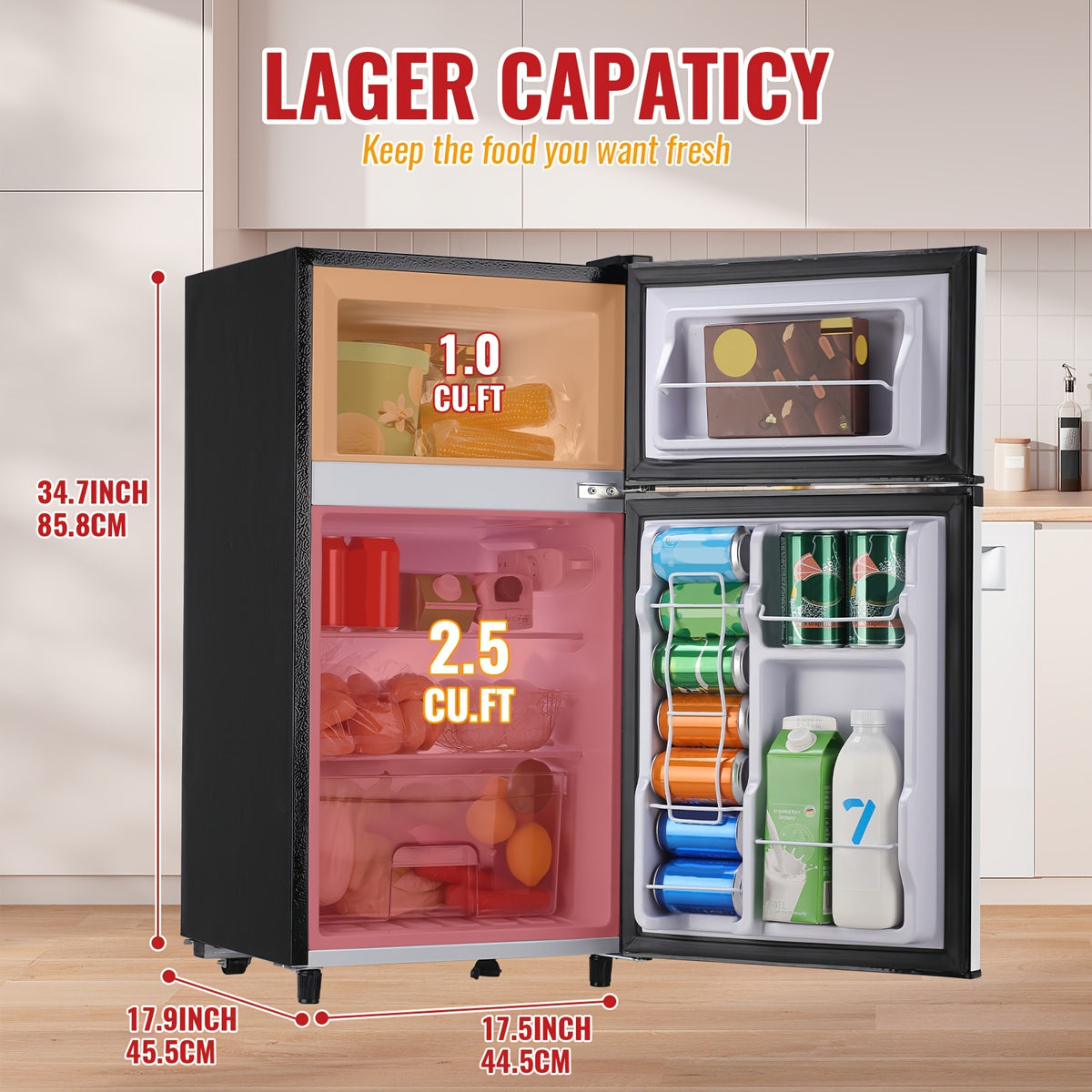 2.5/3.5/4.5 Cu.Ft Mini Fridge with Freezer, Commercial Double Door Compact Refrigerator with Adjustable Thermostat and Shelves,Small Fridge with Large Capacity, Perfect for Bedroom, Dorm, Home, Office
