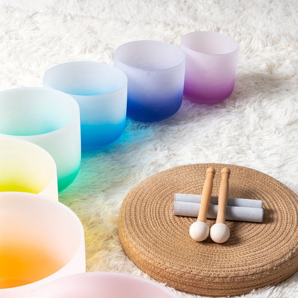 [Singing Bowls] Quartz Crystal Singing Bowls | Set of 7 | Quartz Crystal | Aria Gradient Design | For Meditation Yoga | 6-12 Inch | With Case Mallet Striker