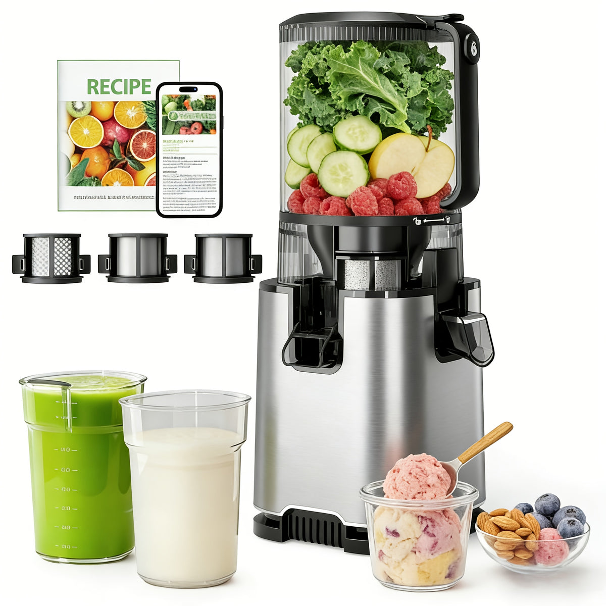 Cold Press Juicer With 6" Wide Feed Chute, 3-in-1 Slow Juicer With 3 Interchangeable Filters, For Juice/Sorbet/Nut Milk, Hands-Free & Easy Clean, Unique Housewarming & Graduation Gifts