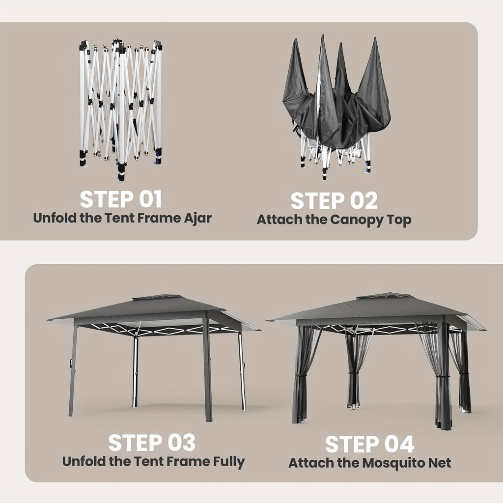 13 x 13 Ft Pop-Up Gazebo Tent with Mosquito Netting and Portable Roller Bag for Backyard or Garden Use