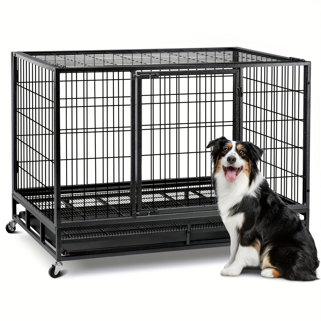 TOWALKER 48 Inch Heavy Duty Dog Crate, Indestructible Metal Wire Dog Crate, Folding Design Dog Kennel, Stackable Feature Dog Cage, XXL for Large Dogs, Sturdy Locks Design/Double Door with Wheels/Removable Tray