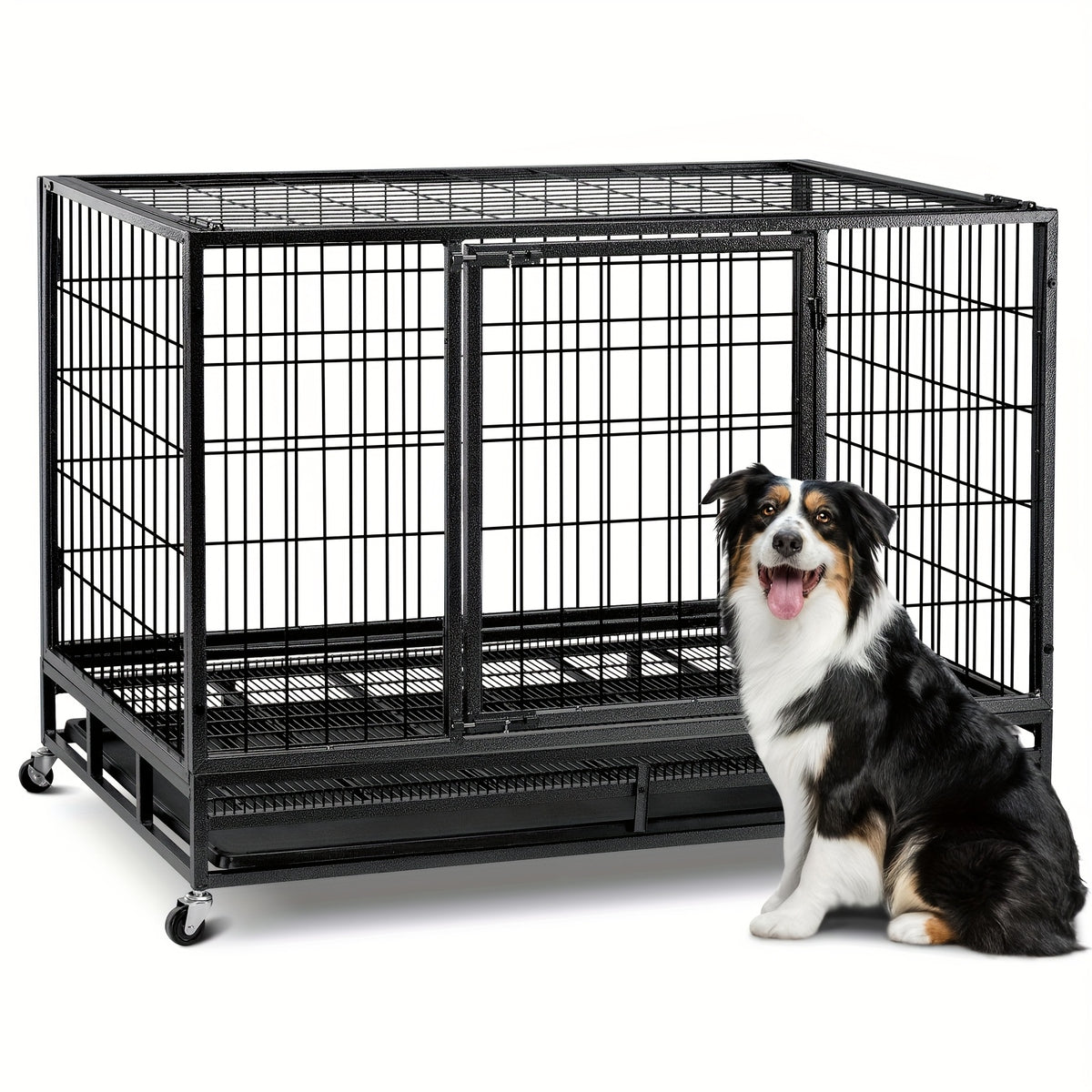 TOWALKER 48 Inch Heavy Duty Dog Crate, Indestructible Metal Wire Dog Crate, Folding Design Dog Kennel, Stackable Feature Dog Cage, XXL for Large Dogs, Sturdy Locks Design/Double Door with Wheels/Removable Tray