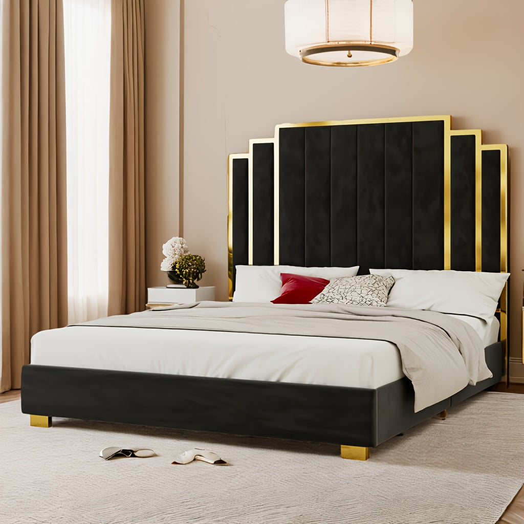 LUXOAK Modern Upholstered Bed Frame with 65" Headboard, Golden Plating Trim, Platform Design - No Box Spring Needed