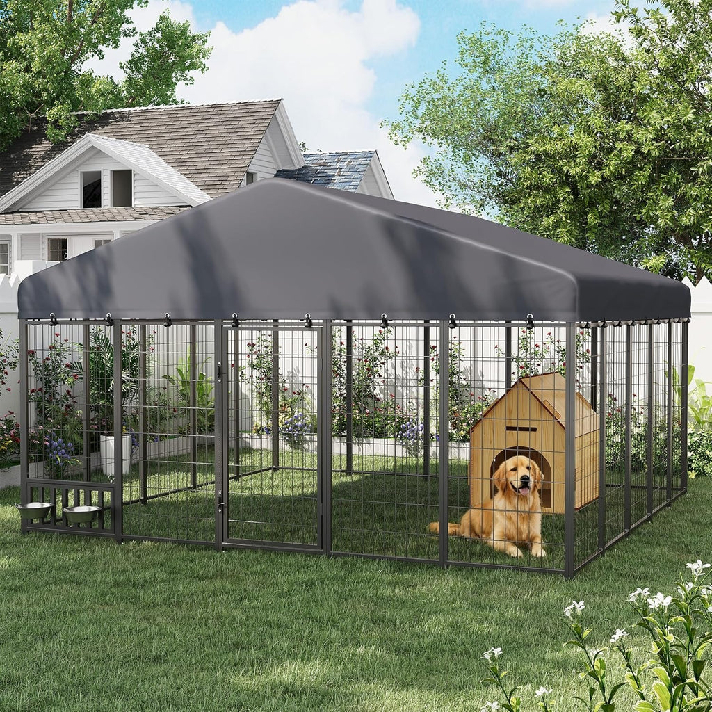 Heavy Duty Outdoor Dog Kennel for Yard, 10x10 Large Chain Link Fence with Roof, Dog Run Enclosure with Self-Locking Latch & Feeding Bowl