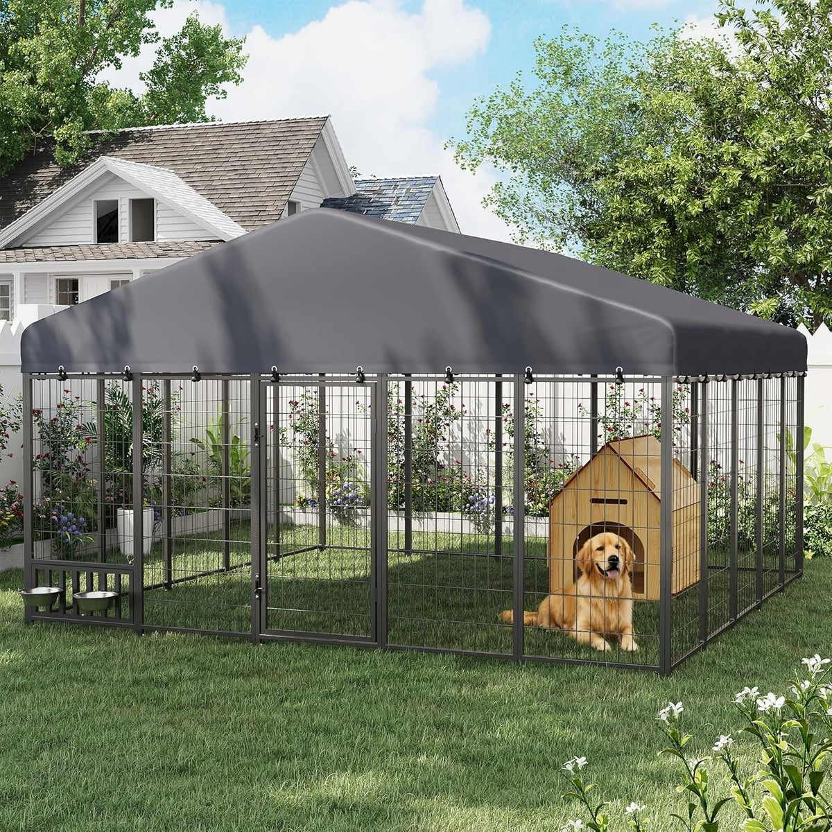 Heavy Duty Outdoor Dog Kennel for Yard, 10x10 Large Chain Link Fence with Roof, Dog Run Enclosure with Self-Locking Latch & Feeding Bowl