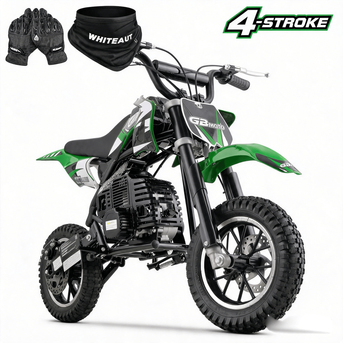 Mini off-road bike, 41CC four stroke gasoline bike (model: DB001), equipped with off-road tires, suspension, disc brakes, maximum load of 160Lbs, top speed of 18Mph, gloves and face cloth included