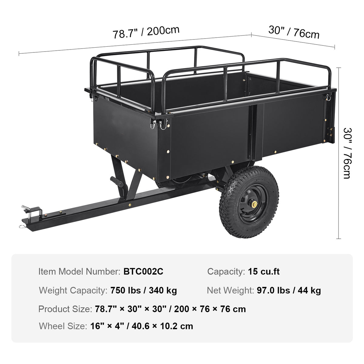 VEVOR Heavy Duty Steel ATV Dump Trailer, 750/1500-Pound Load Capacity 12/15 Cubic Feet, Tow Behind Dump Cart Garden Trailer, with Removable Sides and 2 Tires, for Mowers, Tractors, ATV, UTV