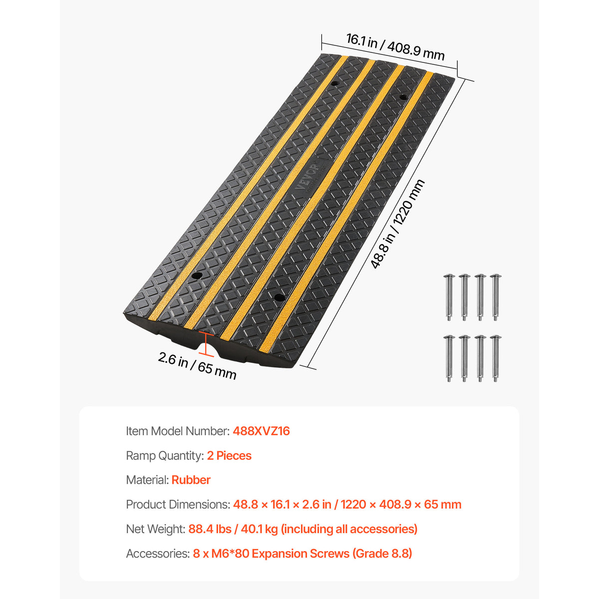 VEVOR 1 Pcs /2 Pcs / 3 Pcs Driveway Rubber Curb Ramp 33069 lbs 2.6 in Rise Threshold Ramp