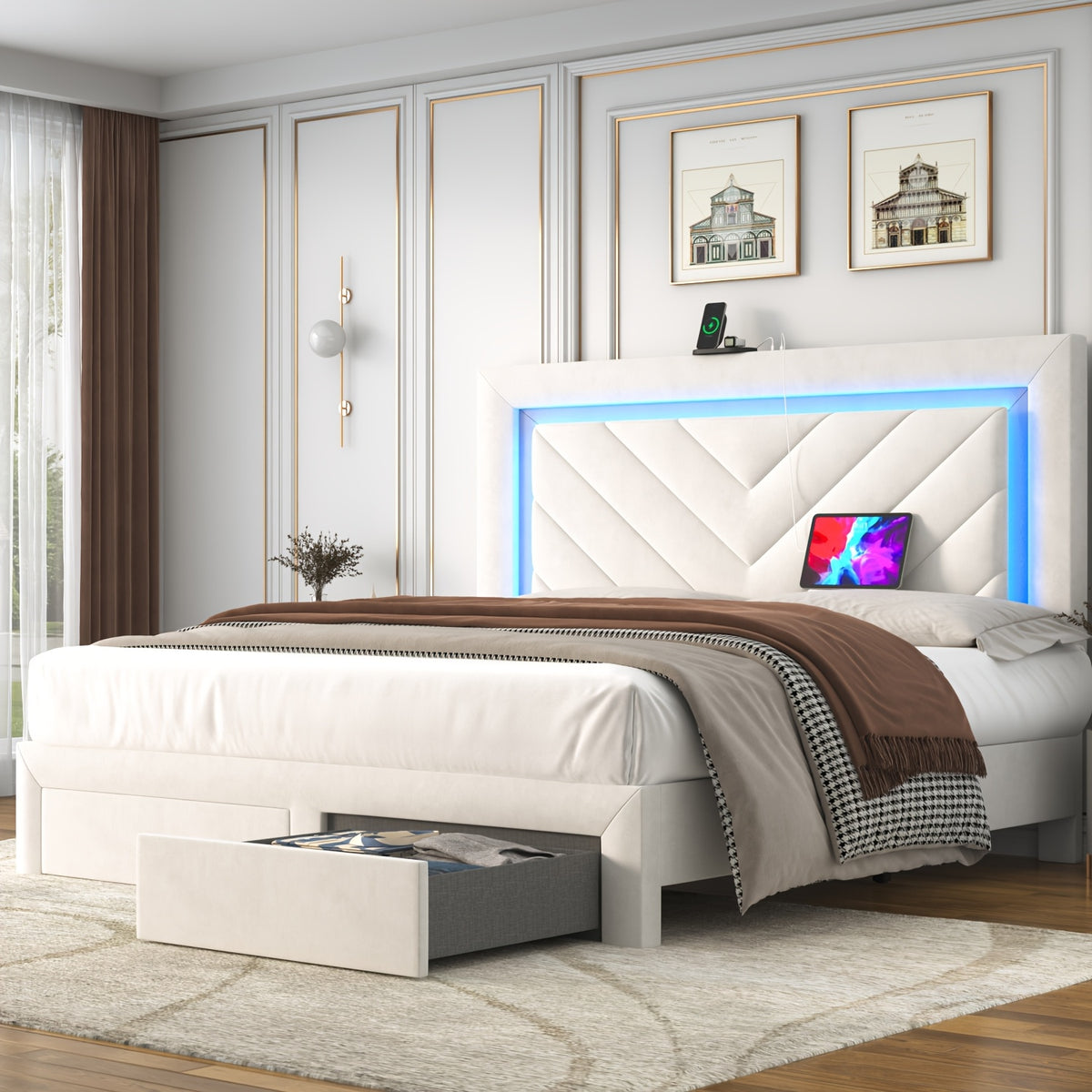 Platform Bed Frame with LED Adjustable Headboard, Upholstered Bed Frame with Storage Drawers And Charging Station, Twin, Full, Queen, No Box Spring Needed, Noise Free