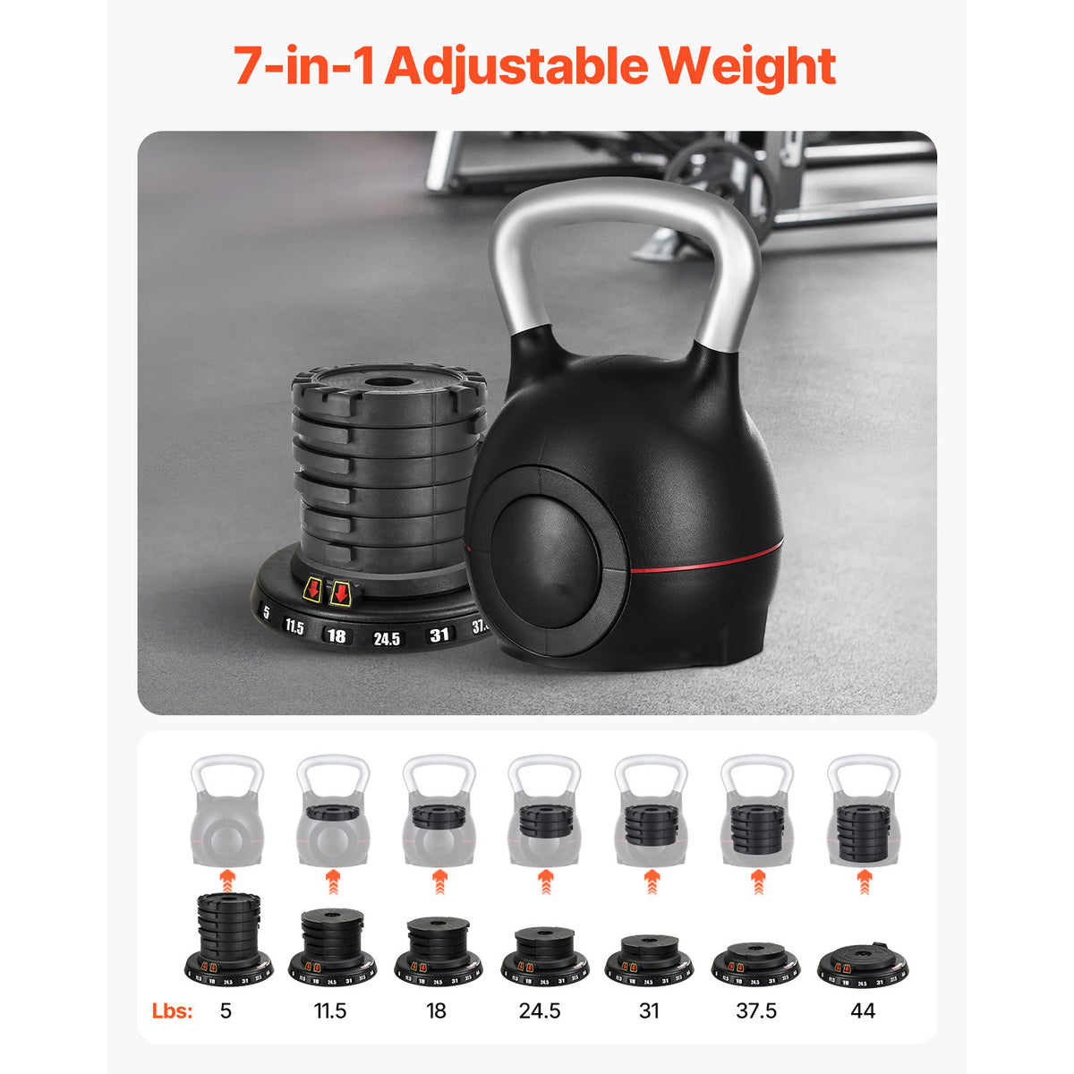 VEVOR Kettlebell, Adjustable Kettlebell with 7 Weight Levels (5, 11.5, 18, 24.5, 31, 37.5, 44 lbs), Die-Cast Aluminum and ABS Material, for Grip Strength Training, Full-body Workout & Cross-Training