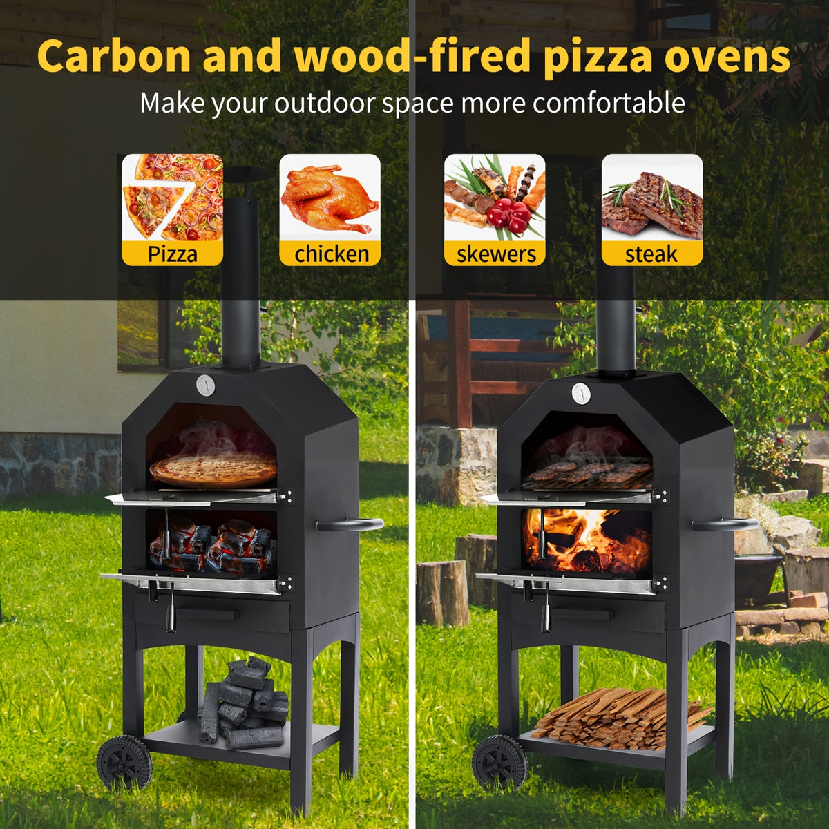 Outdoor Wood-Fired Pizza Oven with Built-In Thermometer, Pizza Peel, Cooking Grates, Stone Plate, And Cover Perfect for Pizza, Grilling, And Roasting