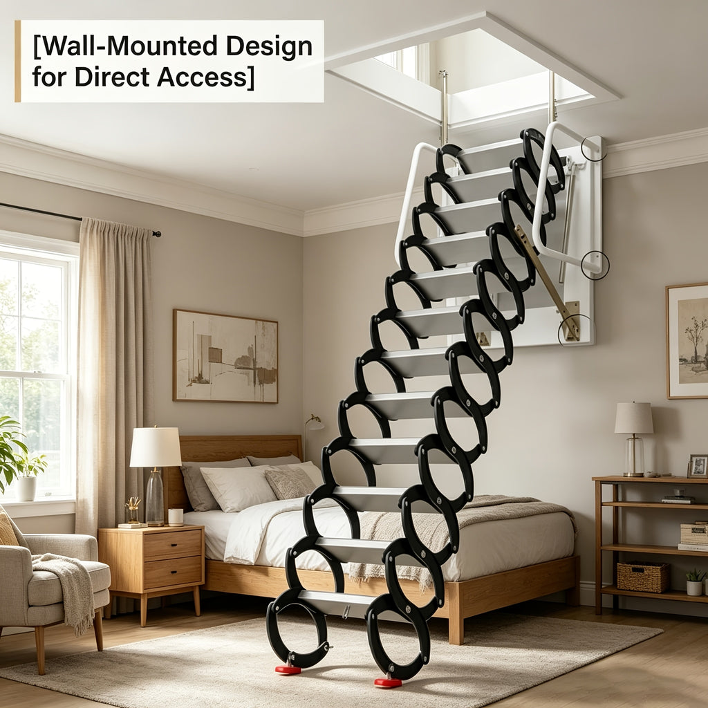 10ft Wall-Mounted Space Saving Attic Stairs, Black & White Titanium-Magnesium Alloy Construction, Supports Up to 880 Lbs, Ideal for Attics, Garages, Basements, Warehouses & Retail Stores
