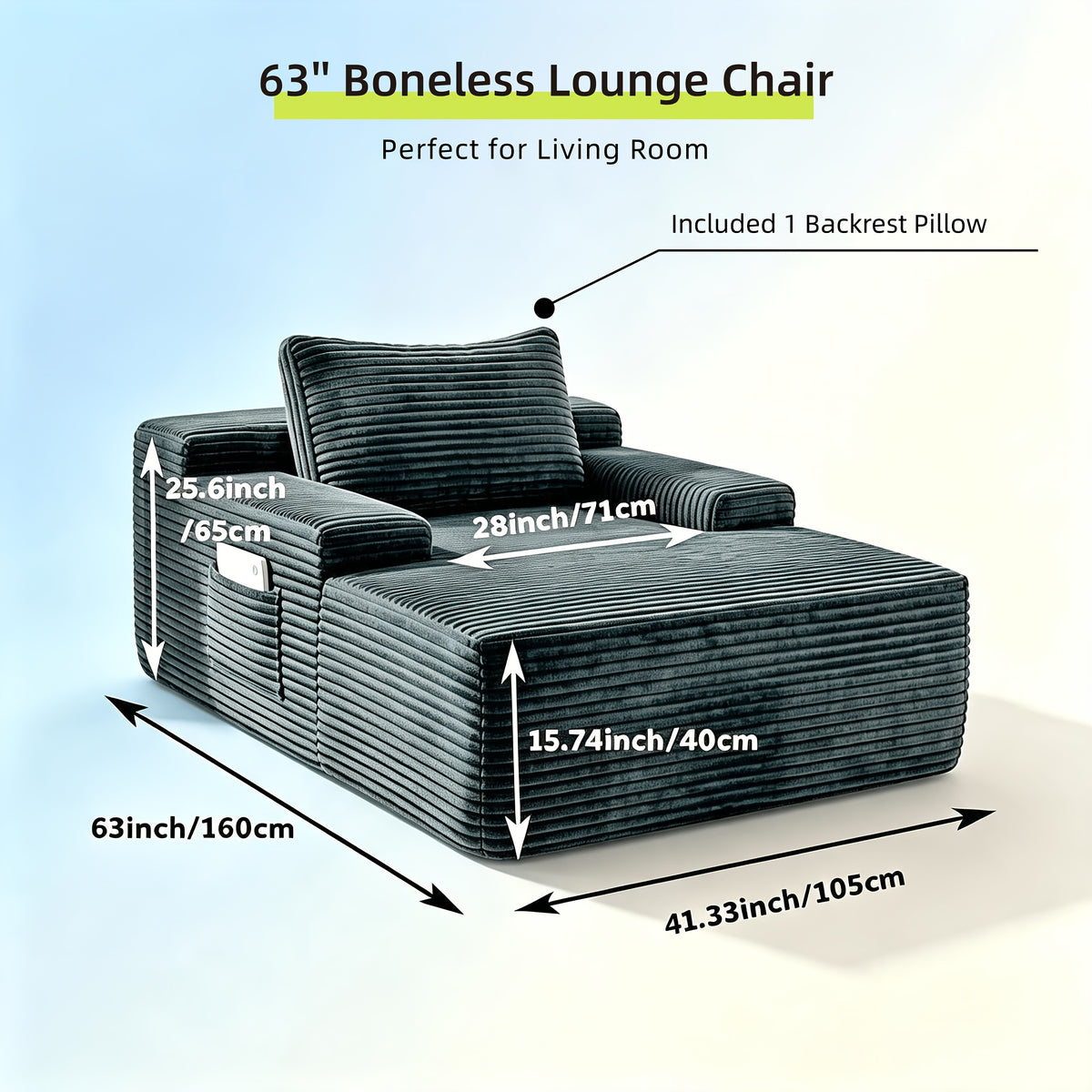 47.25 Inch Wide Chaise Lounge Chair Indoor, Oversized Upholstered Flannel Boneless Sofa Bed With 3 Pillows And Side Pockets, Deep Seat Sleeper Couch Reading Chairs, Cloud Sofas Couches For Living Room, No Assembly Required
