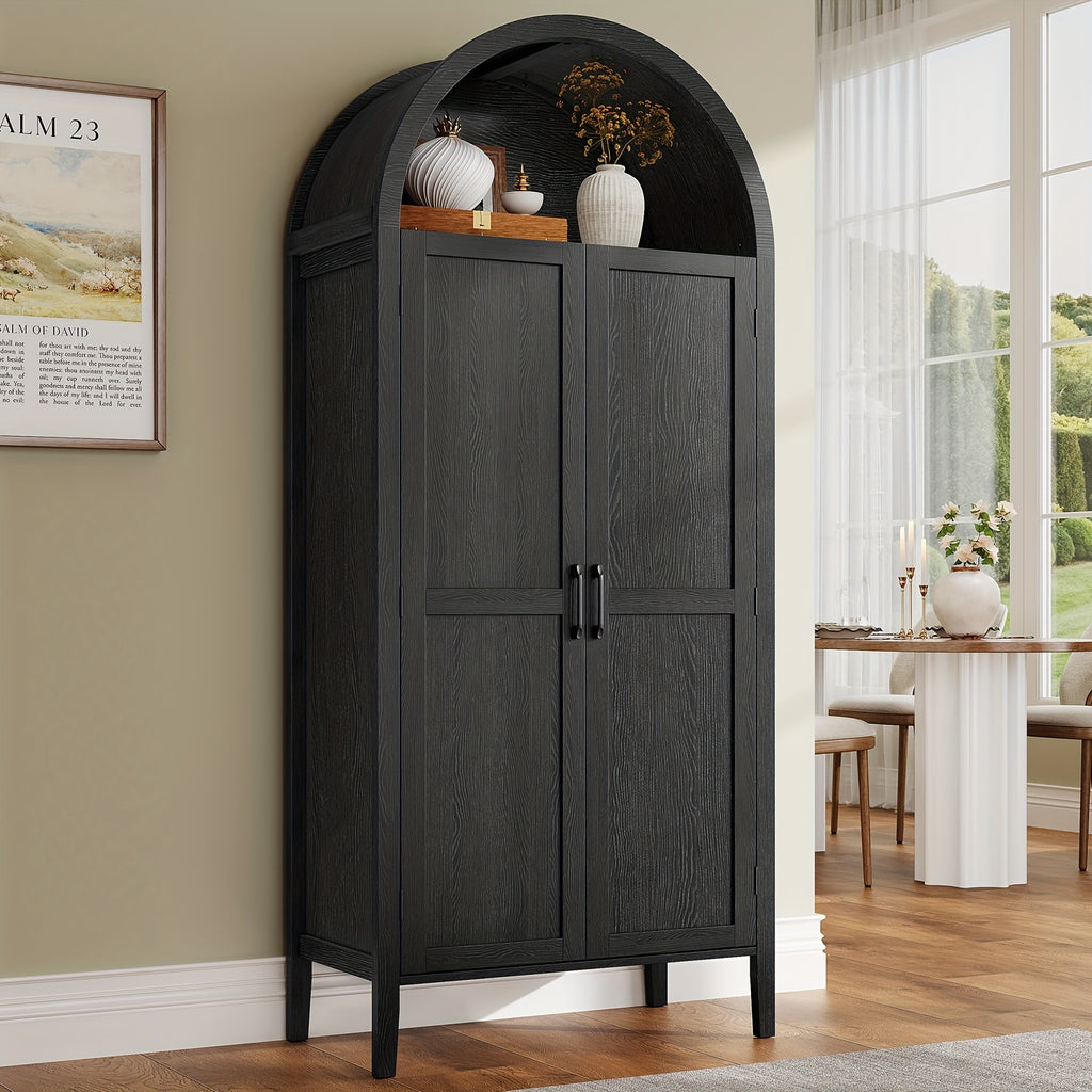 PAZCASA 71" Tall Arched Kitchen Pantry, Storage Cabinet with 2 Pull-Out Shelves, 6 Door Shelves, Organizer, Freestanding Modern Versatile Cupboard for Kitchen, Dining Room, Black/Natural