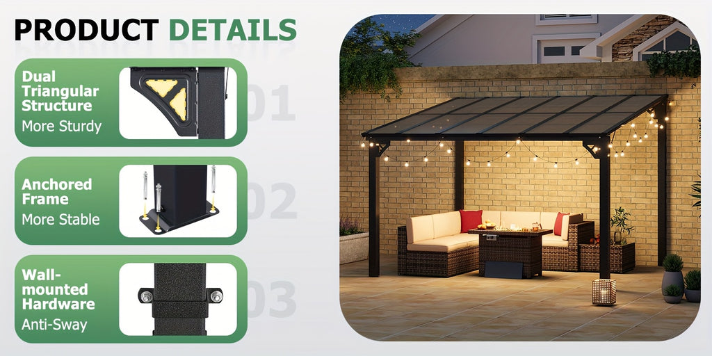 Outdoor Gazebo & Pergola Set - Hard Top Lean-to Wall Mounted Aluminum Alloy Awning With Canopy Roof, Outdoor All-Weather Cover For Patio, Backyard, Deck, Shade & Rain Protection(Multi-size Selection)