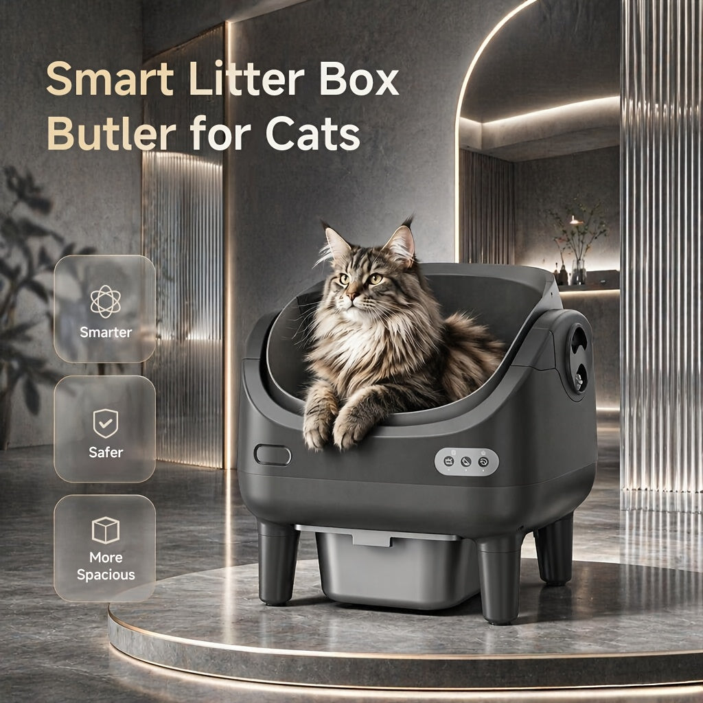 [Self-Cleaning Litter Box] Extra-Large Smart Self-Cleaning Litter Box with Built-In Sterilizing Light for Double Deodorization, Large-Capacity Waste Tray, 14-Day Automatic Cleaning, Open Design, Ideal Choice for Busy Households, Without Battery