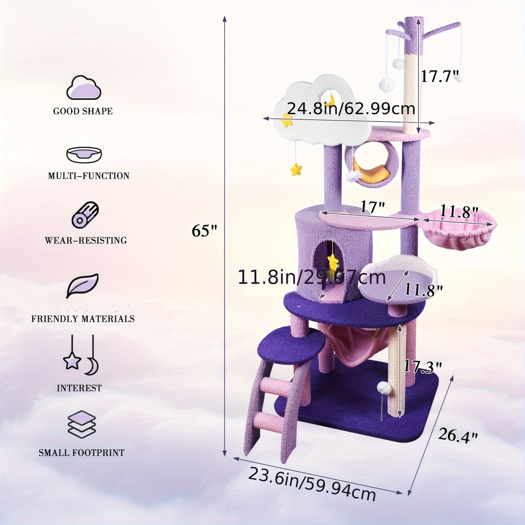 65in Cat Tree Cute for Indoor Cats Pink Moon Cat Tree Tower with Scratching Post, Hammock And Condo Large Tall Cat Tree for Kittens Cats