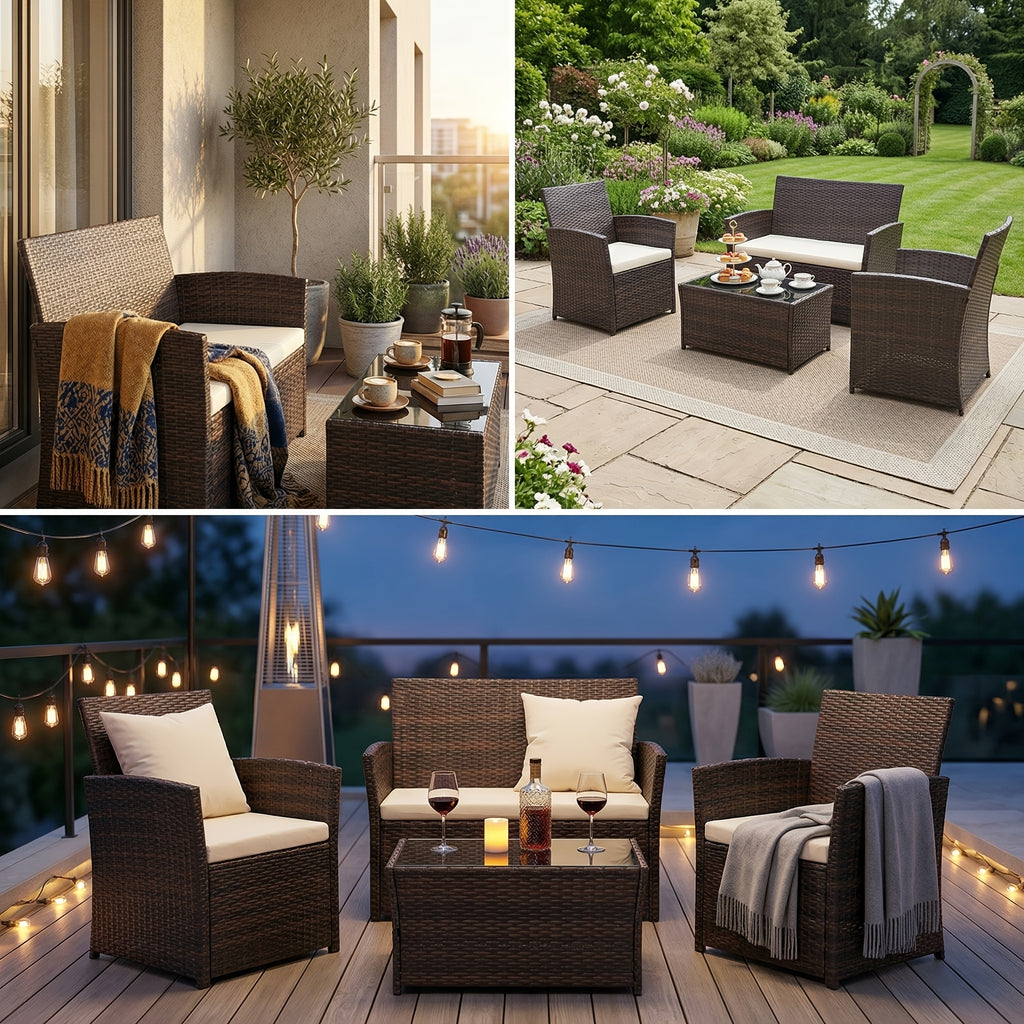 Outdoor Sectional Sofa Set with Tempered Glass Table — 4-Piece PE Wicker Patio Conversation Set
