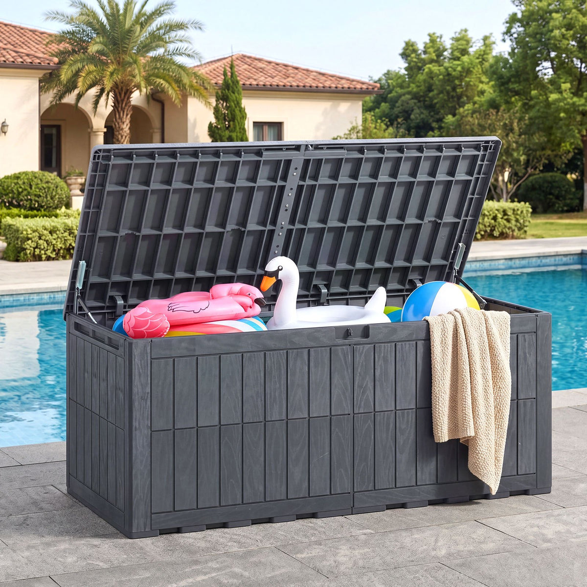 180 Gallon Wicker Deck Box, Weatherproof Lockable Storage Bench with Faux Wood Grain for Patio Cushions Garden Pool Supplies, Box, Cabinet, Rack for Outdoor Storage