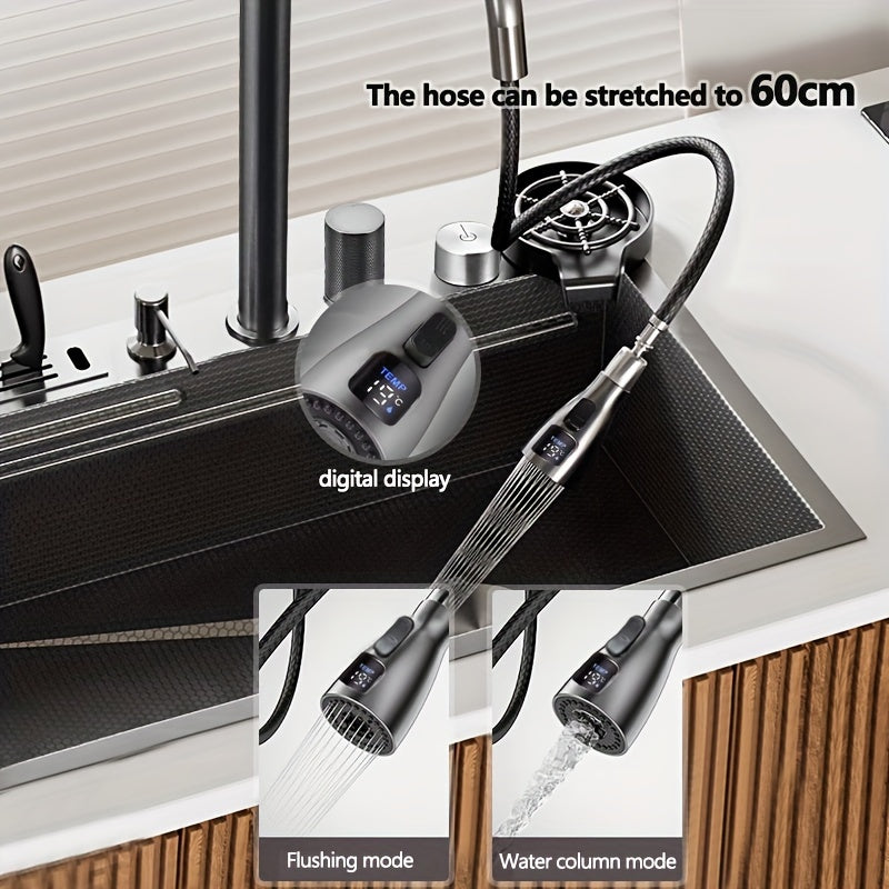 Elegant Stainless Steel Rectangular Kitchen Sink with Digital Display Faucet and Right Drainage Position - 22cm/8. 7in X 46cm/18. 1in