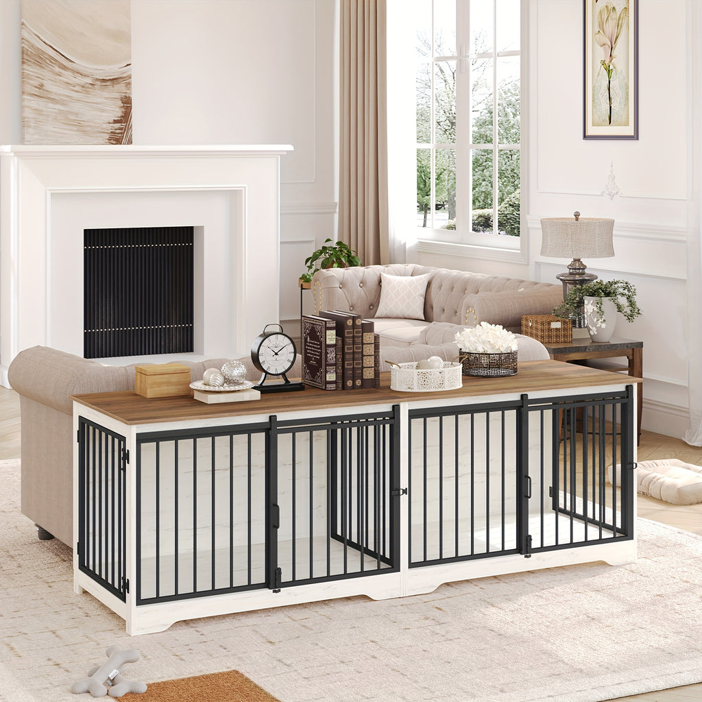 78" Dog Crate Furniture with Divider, Dog Crate Barn Door, Dog Kennel Indoor, Wood Dog Crate for 2 Dogs Small/Medium/Large Dog, End Side Table, Anti-Chew Anti-Escape