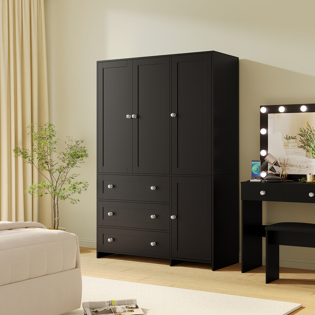 71'' Armoire Wardrobe Closet with Mirror, Wooden Clothing Cabinet with Diamond Handle, Wardrobe Cabinet with Hanging Rod And 3 Drawers, for Bedroom, Large Capacity Storage