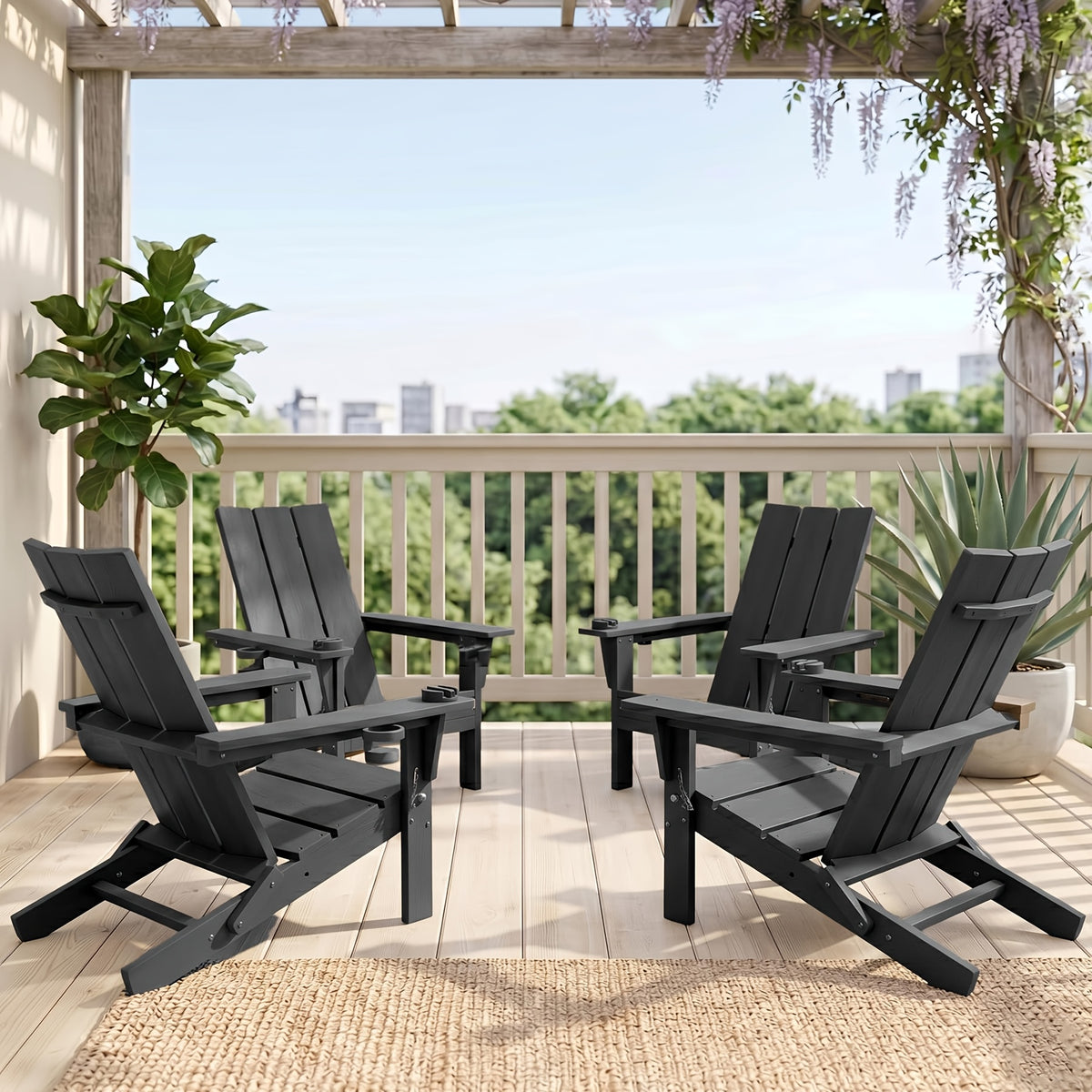 LEASBAR Folding Adirondack Chair Outdoor Fire Pit Chair For Patio Garden Backyard Pool Deck With Phone Holder And Cup Holder, Heavy All-Weather HDPE Comfortable Campfire Chairs Poolside Lawn 1pc, 2pcs, 3pcs(2pcs Chair+1table), 4pcs