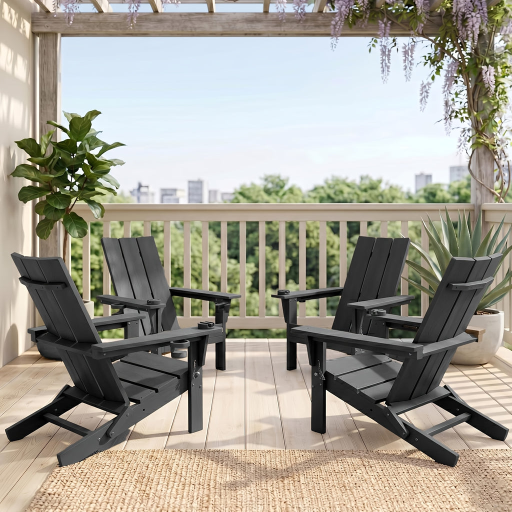 LEASBAR Folding Adirondack Chair Outdoor Fire Pit Chair For Patio Garden Backyard Pool Deck With Phone Holder And Cup Holder, Heavy All-Weather HDPE Comfortable Campfire Chairs Poolside Lawn 1pc, 2pcs, 3pcs(2pcs Chair+1table), 4pcs