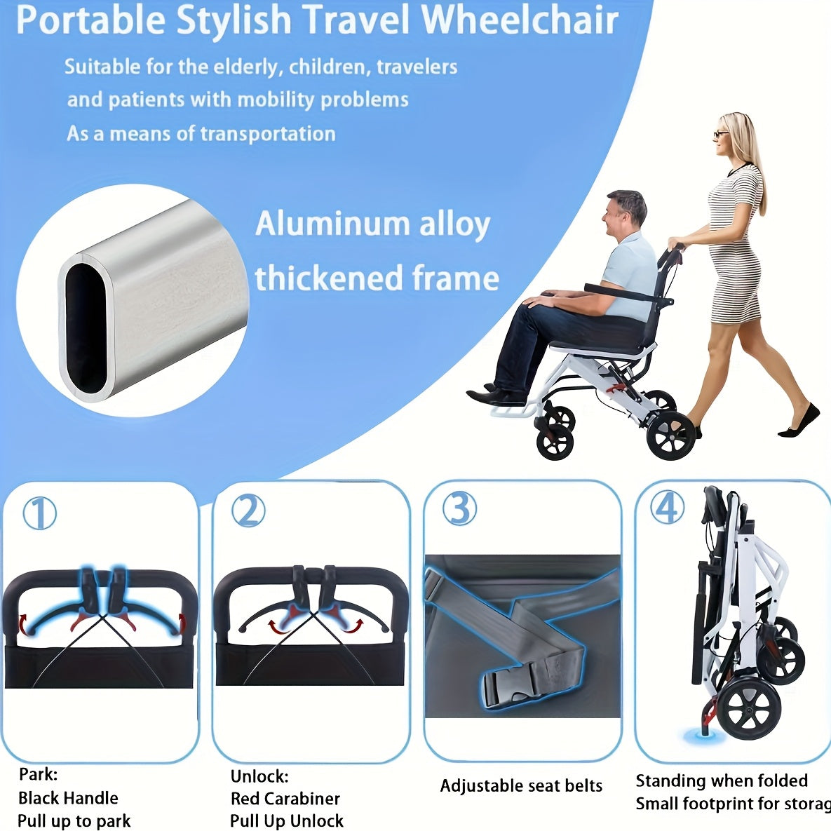 Aevi Ultra-Light Folding Portable Wheelchair for the Elderly, Portable Wheelchair for Adults and Children, Load Capacity 220 Lbs, Suitable for the Elderly, Adults, and Seniors for Outings, Can Be Placed in the Trunk