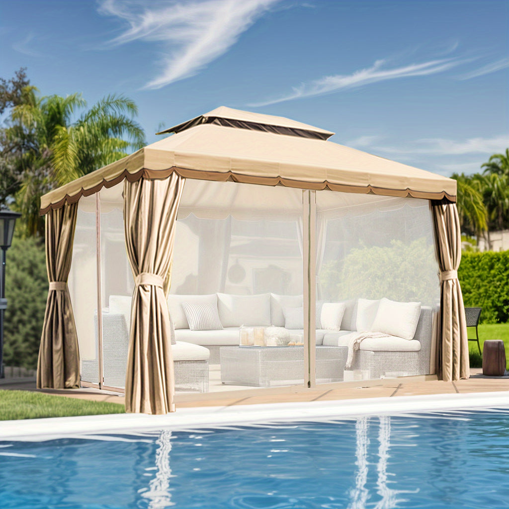 Outdoor Patio Gazebo 10'x13', Heavy Duty Party Tent & Shelter With Double Roofs, Mosquito Nettings And Privacy Screens For Patio Lawn And Garden, Brown