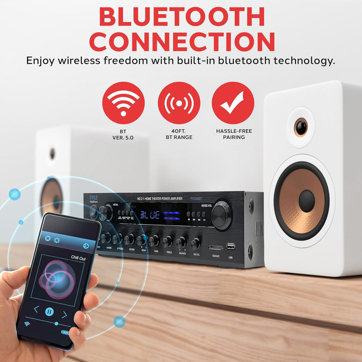 Home Entertainment Audio Amplifier with Bluetooth Wireless Streaming – Karaoke-Ready Stereo Receiver featuring Dual Microphone Inputs, USB-A and SD Card Media Support, FM Radio Function, and Multiple Audio Input and Output Options for Home Theater, Music