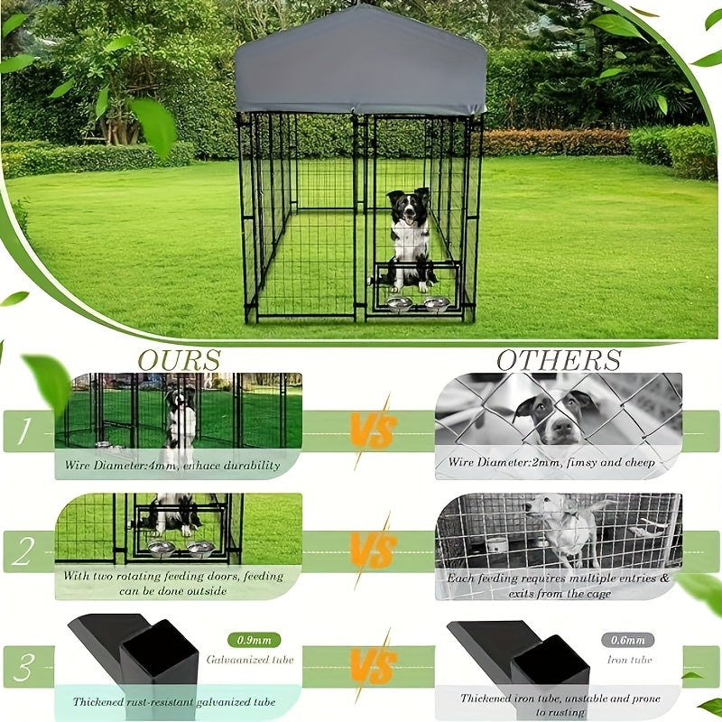 8x4x6 FT Outdoor Dog Kennel With Roof, Heavy Duty Dog Cage For Large Dogs, Outside Dog Enclosure With 2 Rotating Dog Bowls, Welded Wire Steel Dog Run Playpen Fence With Secure Lock