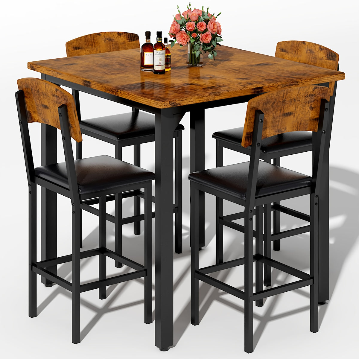 5pcs Dining Table and Chair Set, Modern Contemporary Kitchen Furniture with Upholstered Chairs, Rectangle Mixed Color Counter Height Table and 4 Bar Stools, Compact for Small Space, Imitation Marble Texture, Suitable for Living Room and Bar