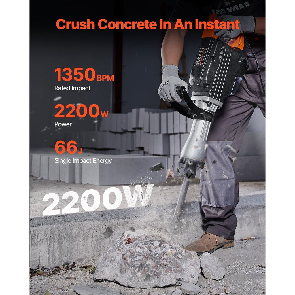 VEVOR Demolition Jack Hammer, 2200W 1350 BPM / 1400 BPM Jack Hammer Concrete Breaker, Heavy Duty Electric Jack Hammer 4pcs/6pcs Chisels Bit with Gloves, 360°C Swiveling Front Handle for Trenching and Breaking Holes