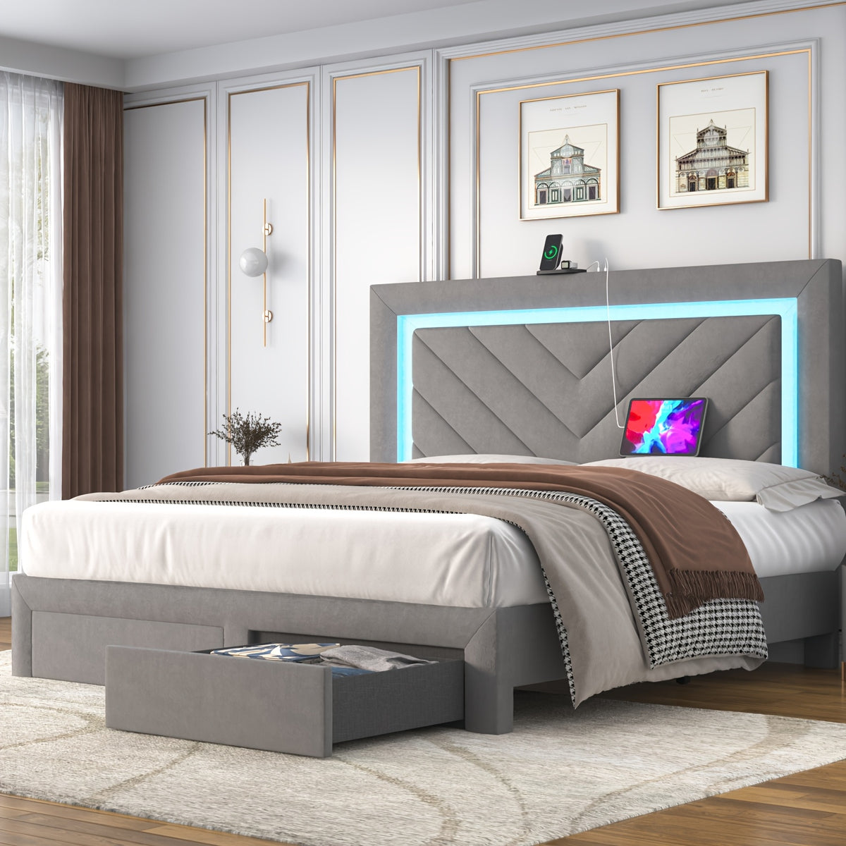 Platform Bed Frame with LED Adjustable Headboard, Upholstered Bed Frame with Storage Drawers And Charging Station, Twin, Full, Queen, No Box Spring Needed, Noise Free